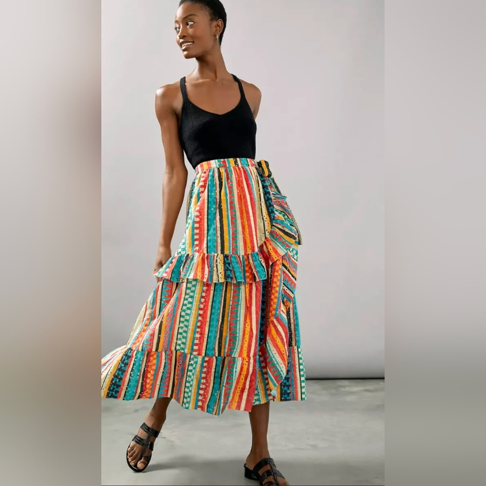 Anthropologie Verb Rainbow Vertical Stripe Ruffle Wrap Skirt M - Picture 2 of 16